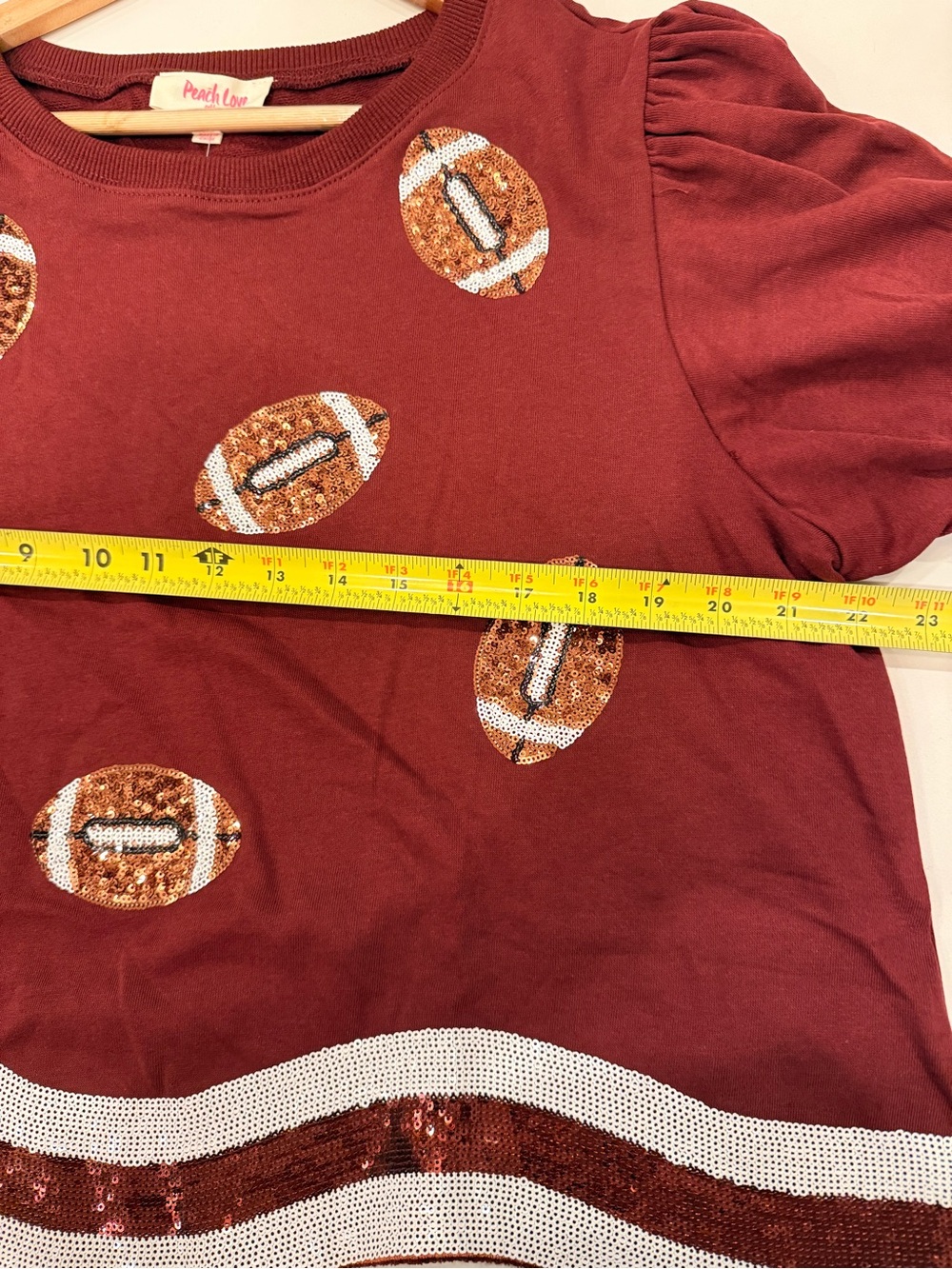 Peach Love California Maroon Puff-Sleeve Sequin Football Tee - Picture 9 of 11
